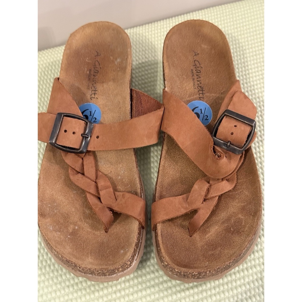 A Giannetti Sandals NEW Women 6.5 Brown Leather Cork Wedge Casual Comfort Italy